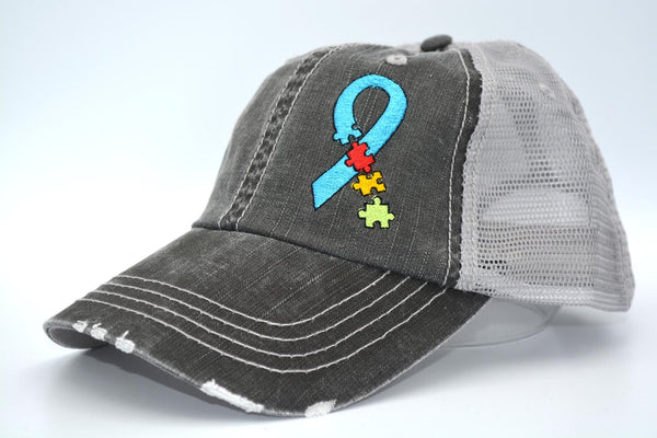 Autism Awareness Puzzle Ribbon Trucker Hat